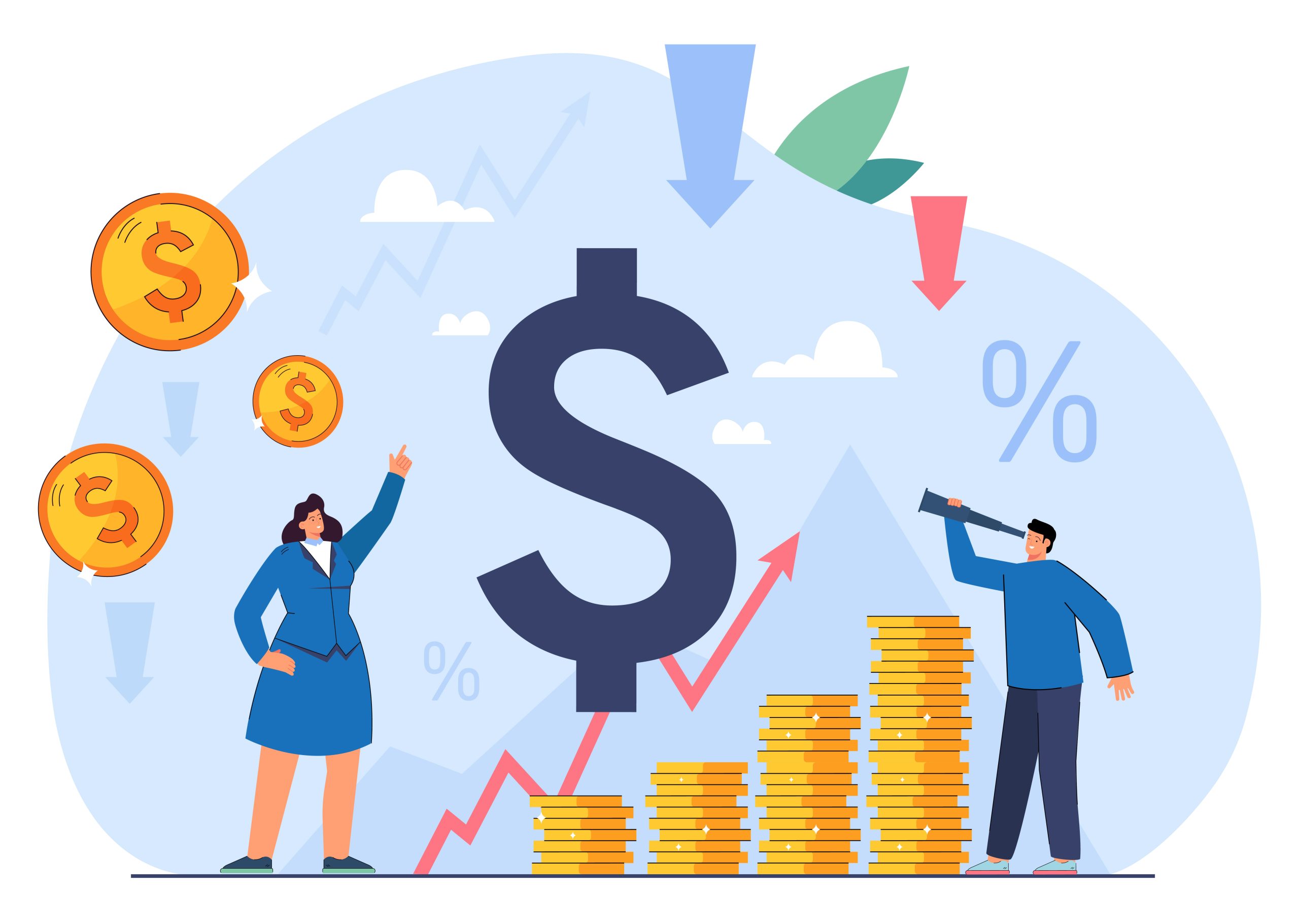 Business people with stacks of coins and arrow going up 5 Powerful Ways Inflation Impacts SMEs and How to Tackle It